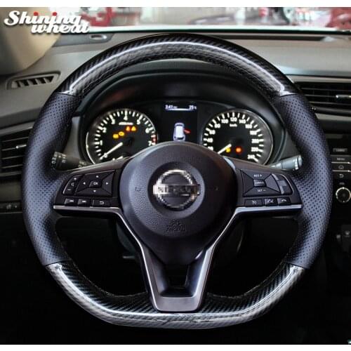 Shining wheat Black Genuine Leather Pu Carbon Fiber Steering Wheel Cover for Nissan X-Trail 2017