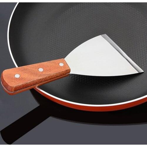 Large Wooden Handle Blade Bevel-End Steel Spatula Pancake Shovel Stainless Cooking Shovel Steak Scoop BBQ Shovel Baking Tool