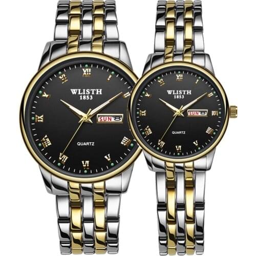 Wlisth Couple Watch Stainless Steel Watch Date Week Luminous Fashion Lovers Watch Gift Quartz Wrist Watches for Men Women