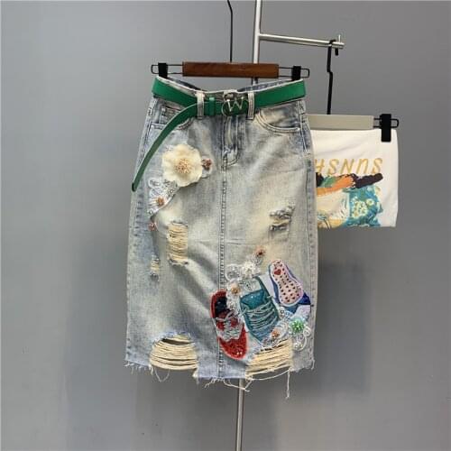 2021 New Retro Denim Skirt High Waist Slim Jeans Skirt Bodycon Mini Skirt S-3XL drop shipping Beaded Flower Denim Skirt