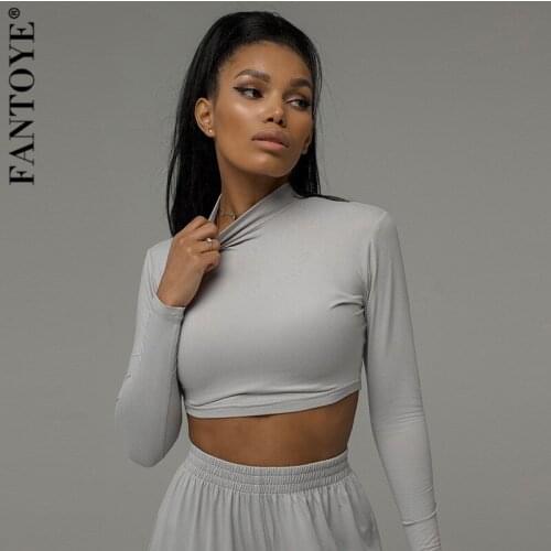 Fantoye Casual Home Sports Women Two Piece Of Sets Gray Long Sleeve Tops Loose Pants Ladies Summer Turtleneck Fashion Slim Sets