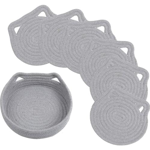 HOT-Set of 7 Pot Holder 7Inch Round Cotton Coasters Cat Shape Placemats With Storage Basket,for Kitchen Cooking (Gray)