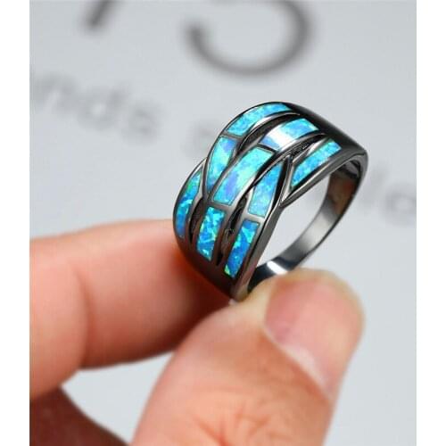 Fashion Cross Promise Love Engagement Ring Boho Female Blue Fire Opal Stone Ring Vintage 14KT Black Gold Wedding Rings For Women