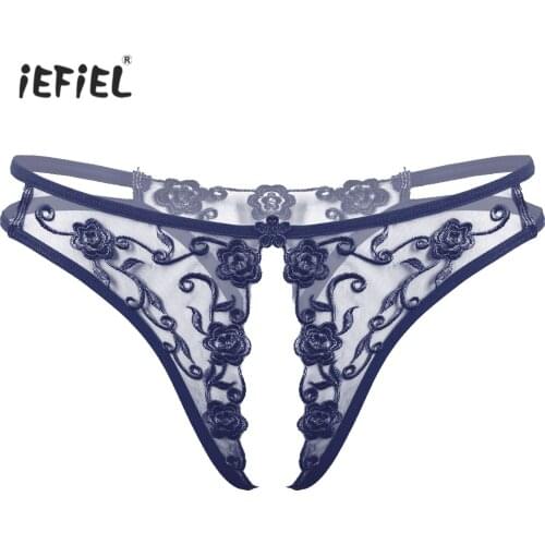 Mens Flower Embroidery Crotchless Briefs Erotic Lingerie Underwear Low Waist T-back Sissy Panties See-Through Thongs Underpants