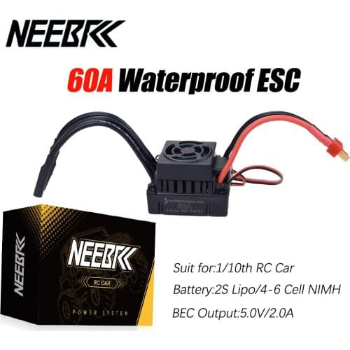 NEEBRC Waterproof Sensorless 60A Brushless ESC with 5.5V / 3A BEC for 1/8 1/10 RC Car ESC Electric Speed Controller Accessories