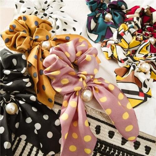 New printing pearl large intestine ring big ears streamers horsetail fabric hair ring hair accessories