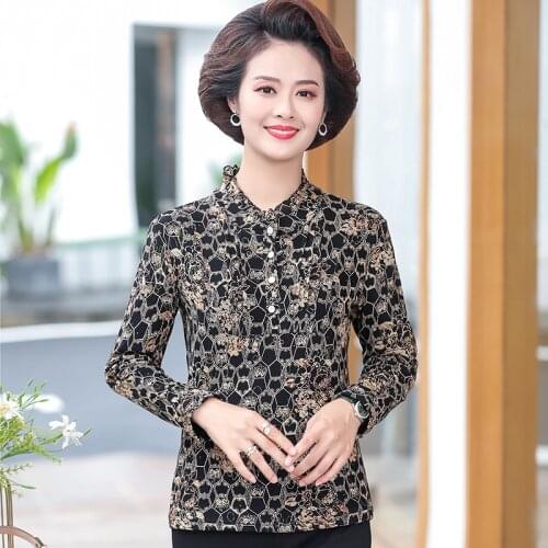 Autumn Winter Bottom Shirt Long Sleeve Women Pullovers Middle Age Mother Plus Size Warm Thick Plus Fleece Floral Tee Tops