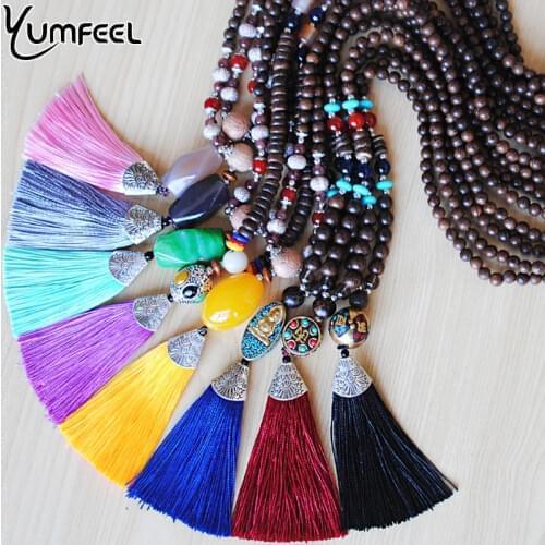 Yumfeel New Fashion Natural Stone Pendants Necklaces Handmade Wood Beads Colors Long Tassel Necklace Jewelry Gifts Women