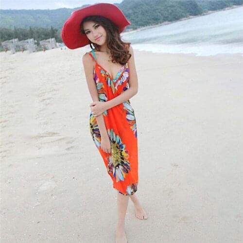 Sexy Beach Dress Women Halter Sling Chiffon Beach Towel Bikini Printed Cover-ups Wrap Pareo Skirts Open-Back Swimwear