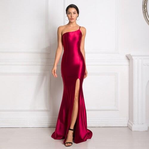 One Shoulder Burgundy Maxi Dresses Split Front Floor Length Bodycon Shiny Satin Strapless Sleeveless Mermaid Dress