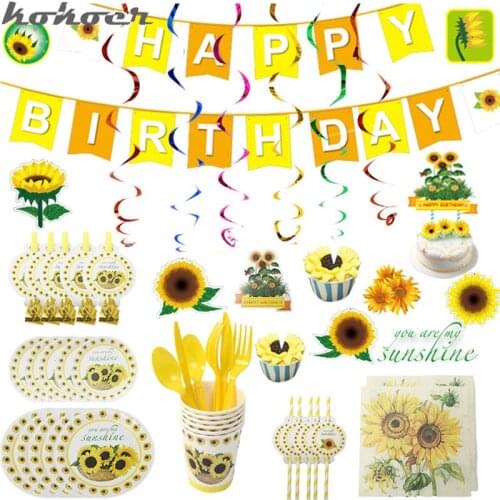 Sunflowers Theme Party Decoration Sun flower Tableware Paper Cup Plate Tablecloth Straw Baby Shower Kids Birthday Party Supplies