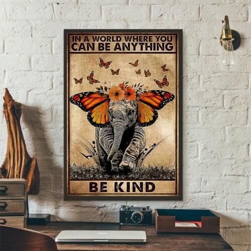 Retro Elephant with Butterfly Poster Prints Be Kind Quote Mental Health Wall Art Canvas Paitning Picture Vintage Room Decor