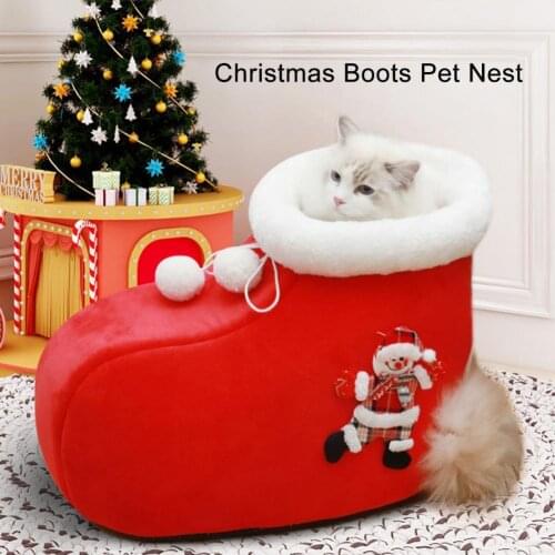 Christmas Red Pet Bed Boot Shape with Mat Thickening Pet Cat Warm Cushion Nest Creative Soft Kitten House Cat Puppy Supplies
