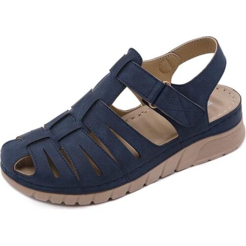 Plus Size 35-42 Women Summer Vintage Wedge Platform Sandals High Quality Openwork Leather Sewing Retro Female Casual Beach Shoes