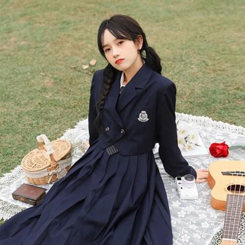 Hstar School Uniform Women Solid Color Long Sleeve Jk Suit New Tie Shirt Sling Pleated Skirt College Style Formal Clothes