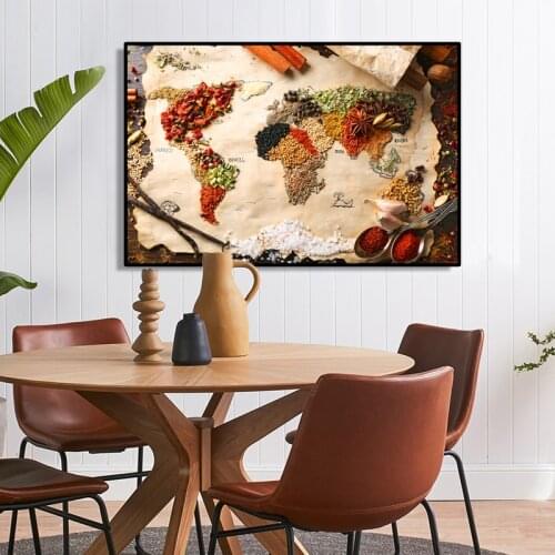 Modern World Map with Spice Posters and Prints Wall Art Canvas Painting Wall Pictures for Dining Room Home Decoration No Frame