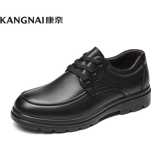 KANGNAI Men Dress Shoes Genuine Leather Round Toe Black Formal Business Shoes Flats Classic Lightweight Derby Shoes Man