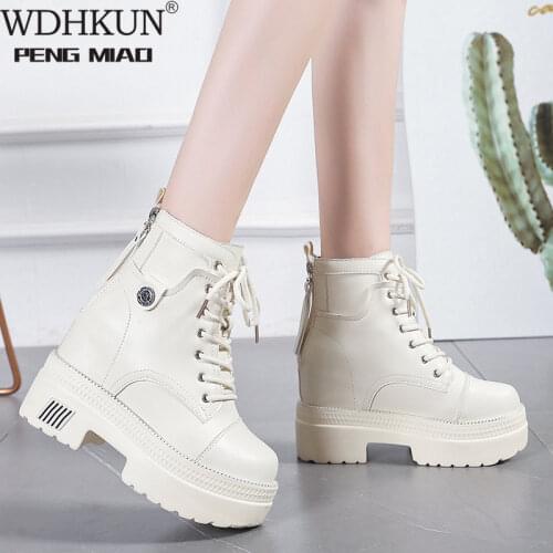Women High Heels 10CM Thick Heel Ankle Boots Lace Up Black Chunky Boots Autumn Winter Leather Woman Boots Platform Leather Shoes