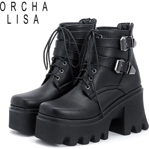 ORCHALISA Black Platform Combat Ankle boots for women Lace Up Buckle Strap Woman shoes Winter biker boots Big size 2021 New Cool