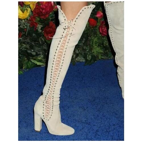Spring Autumn boots peep toe high thick heels over the knee cross-tied women thigh high boots casual dress shoes creamy-white