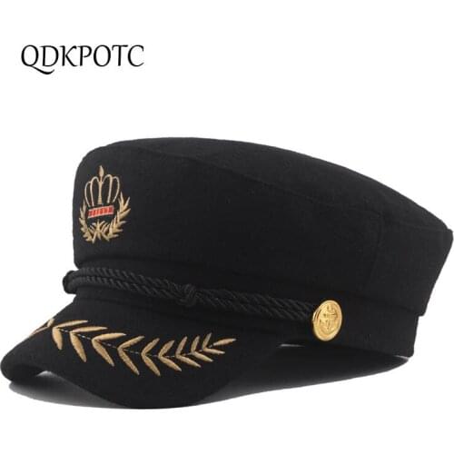QDKPOTC Women Autumn Winter New Military Hats Fashion Personality Embroidery Unisex Flat Cap Retro Leisure Captain Navy Hat