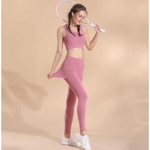 Women 2 pcs/set yoga sets sports fake two piece breathable leggings+sexy bra sports wear for women gym workout clothes tracksuit