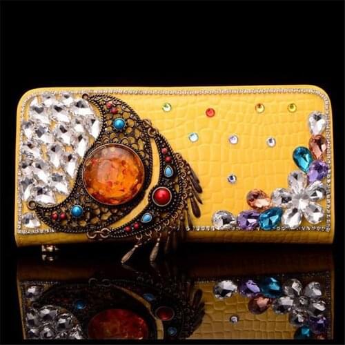 Women Wallet Crystal Clutch Bags Luxury Floral Handbags Moon Vintage Evening Bags Rhinestone Purse Cow Leather Ladies Gift Bags