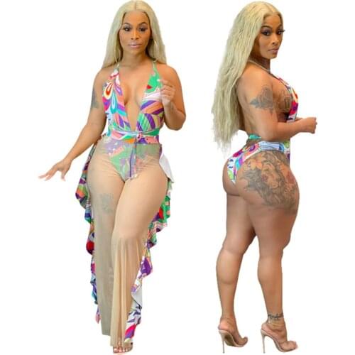 Adogirl Women Summer Beach Two Piece Set Swimwear Print V Neck Halter Backless Lace Up Bodysuit Ruffle Sheer Mesh Wide Leg Pants