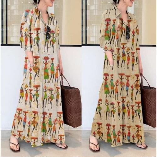Plus Size Muslim Dress Women Dubai Turkish Long Robe Kimono Print Ethnic Long Sleeve Wild Dresses Pocket Abaya Islamic Clothing