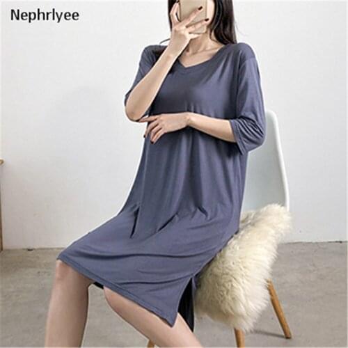 Women Summer Autumn 2020 New Loose Dress Soft Modal Solid Sleepwear Casual V Neck Leisure Wear Ladies Nightgown S00173
