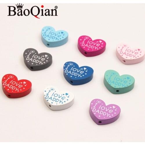10pcs I Love DADDY Pattern Multicolor Natural Wood Beads 30x23mm Heart-Shaped Childrens Molar Toy diy Home Decoration Crafts