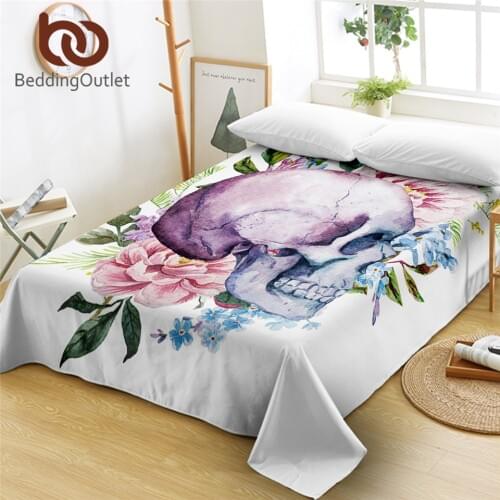 BeddingOutlet Floral Leaf Bedsheet Skull Bed Linen Gothic Trendy Flat Sheet Watercolor White Mattress Protector Cover King Size