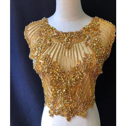 Large Gold Rhinestone Applique Heavy Bead Handmade Bodice Patch Haute Couture Prom Bridal