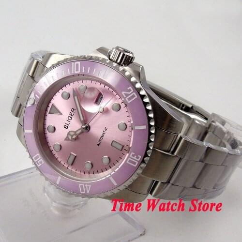 Unisex Bliger 40mm pink dial luminous saphire glass pink Ceramic Bezel Automatic movement wristwatch