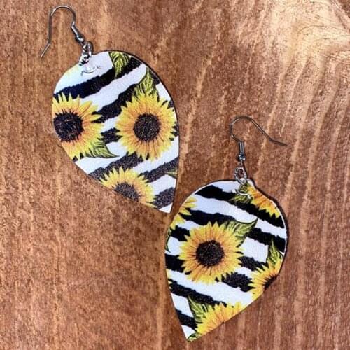 Wondrous Faux Leather Sunflowers and Stripes Pinched Faux Leather Earrings