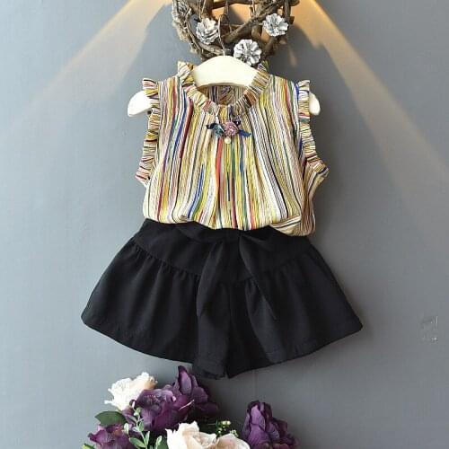 Kids Girls Suit Summer Clothes Children Fashion Sets Baby Striped Chiffon Sleeveless Shirt + Shorts Two-piece Clothing Sets