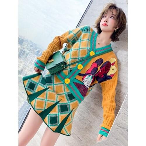 Flocking nail beads V Collar cardigan+Plaid fishtail skirt suit 2021 Spring new High Quality Top Quality