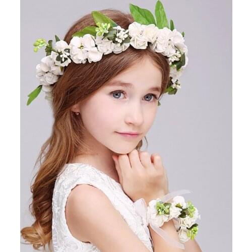 2 Pcs Fashion White Pink Wreath Garland Artificial Foam Flower Headbands Bracelet Girl Women Hair Decoration Wedding Accessories