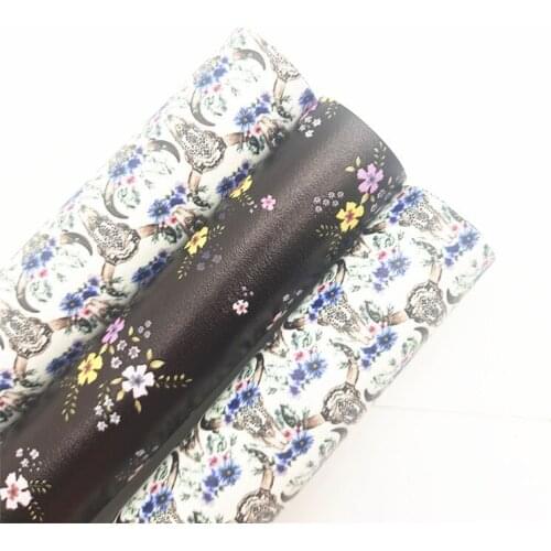 Flowers Head of Deers Printed Synthetic Faux Leather Vinly Fabric Sheets with Felt Backing Faux Fabric DIY Bows 21X29CM 6S03A