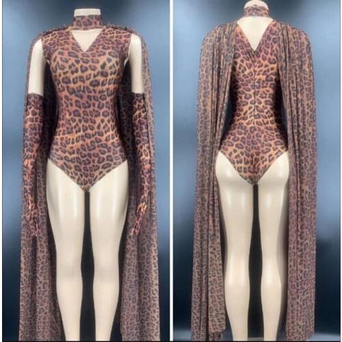 Leopard print costume gogo female song dance team bodysuit and cape
