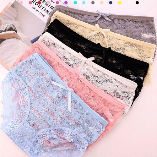 1PC Summer Green Transparent Floral Bow Low Rise Hollow Lingerie Cotton Crotch Full Lace Briefs Women Breathable Sexy Panties
