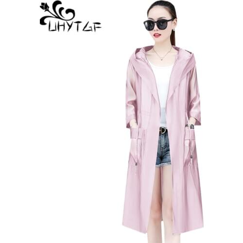 UHYTGF Fashion thin sun protection clothing hooded Anti-UV breathable summer coat women solid color wild loose plus size top 928