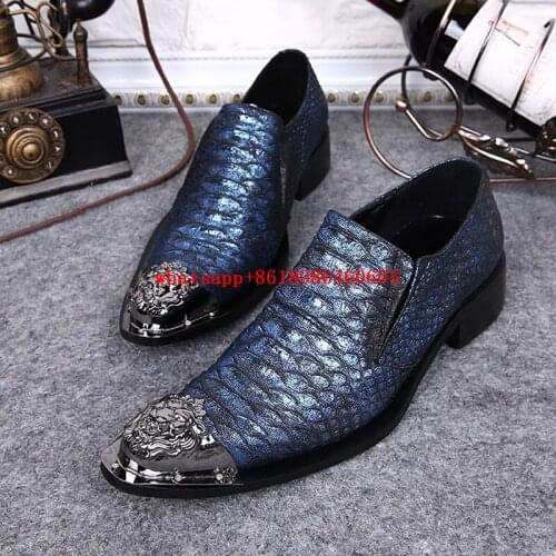 2017 Fishskin Leather Men Designer Shoes Slip On Wedding Dress Shoes Metal Toe Oxford Shoes For Men Sapatos Homens Social