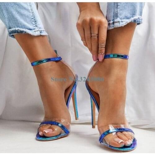 New Colorful Patent Leather Single Strap Thin High Heel Sandals Transparent PVC Patchwork Sandals Open Toe Summer Party Shoes