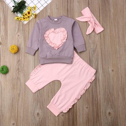 Pudcoco Newborn Baby Girl Clothes Ruffle Love Print Long Sleeve Tops Ruffle Long Pants Headband 3Pcs Outfits Clothes