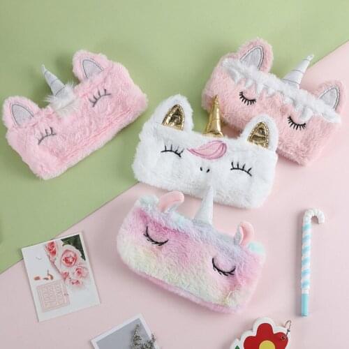 Unicorn Pencil Case Plush Kawaii Pencil Bags Rainbow Pouch Box Cute Pen Case Stationery Gifts Office School Supplies Escolar