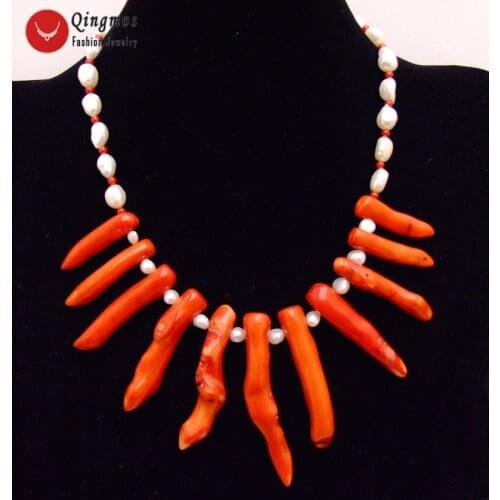 Qingmos 8*70mm Branch Natural Red Coral Necklace for Women with 7-9mm Baroque White Pearl Necklace 18" Chokers Jewelry