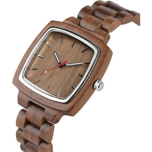 Luxury Coffee Brown Walnut Wooden Men Watches Quartz Movement Simple Square Dial Stylish Mens Wood Bangle Male Timepiece