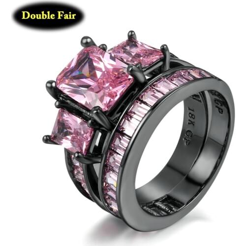 Luxury Black Gold Color Pink Cubic Zirconia Ring Sets For Women & Men Couple Rings Fashion Jewelry Crystal Wholesale DWDD002