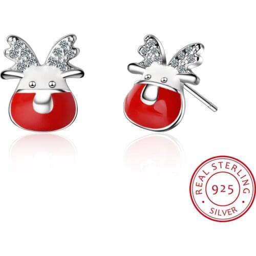 925 Sterling Silver Christmas Jewelry Micro CZ Elk Deer Snowflake Red enamel Stud Earrings oorbellen For Women Girl S-E486